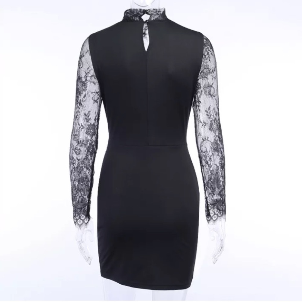 Sexy Black Eyelash Lace Long Sleeve Cocktail Dress - Picture 6 of 8